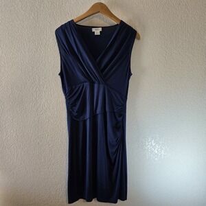 Barneys New York Silk Dress Womens L Blue Sleeveless Draped Ruched Knee Length